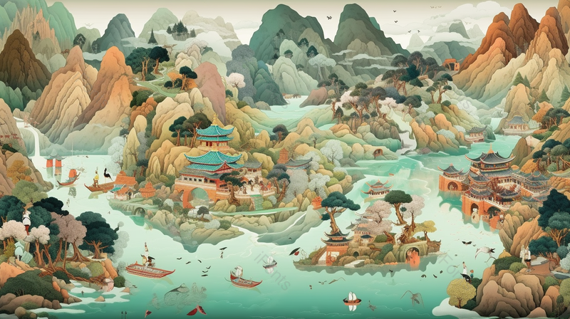国潮风黄鹤楼地标建筑山水湖泊船只游玩的人插画,插画/手绘图,插画/手绘图库,插画/手绘图下载,插画/手绘